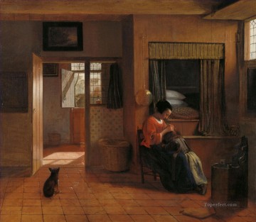 ピーテル・デ・ホーホ Painting - 母親の義務ジャンルとして知られる子供の髪の害虫を駆除する母親のあるインテリア ピーター・デ・ホーホ
